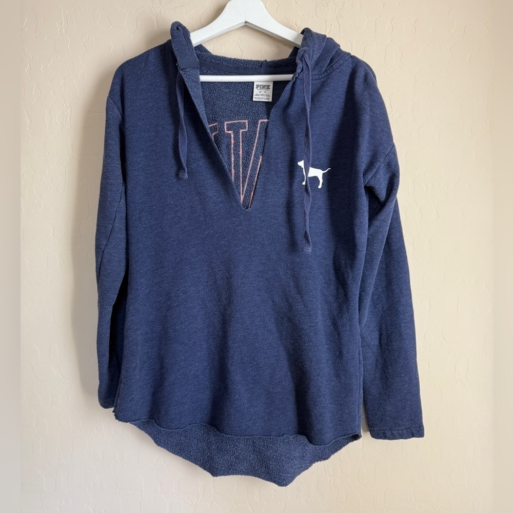 VS Pink Blue Pink Hoodie Satin Logo Drawstring Women’s XS - Picture 3 of 10
